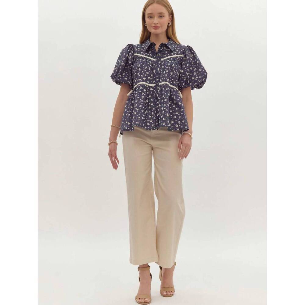 NEW ENTRO floral bubble sleeve bow top in navy - Picture 6 of 8